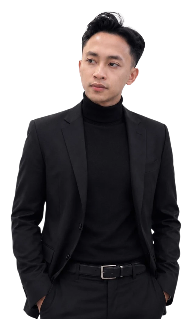 Potret hitam-putih Rihul CZ mengenakan setelan hitam